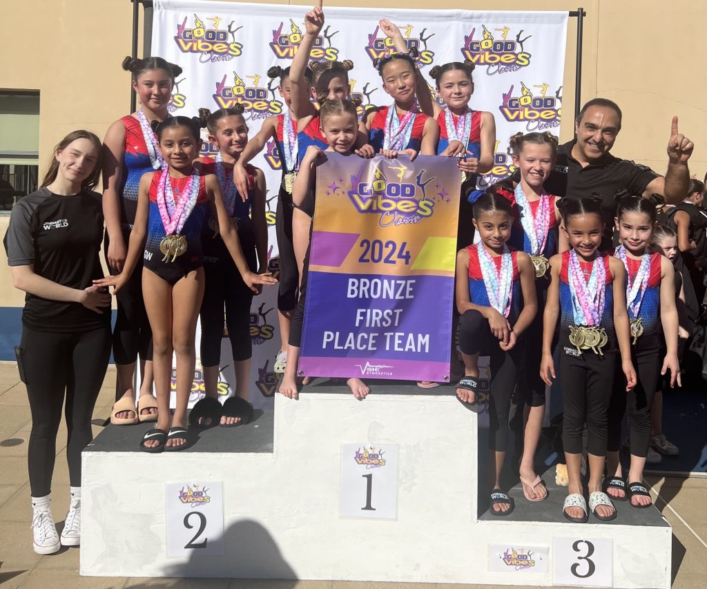 Several Girls on Team on podium celebrating winning